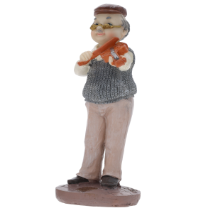 Figurka dziadek ze skrzypcami o wysokości 17 cm. Postać w kamizelce grająca na instrumencie, na jasnym tle.