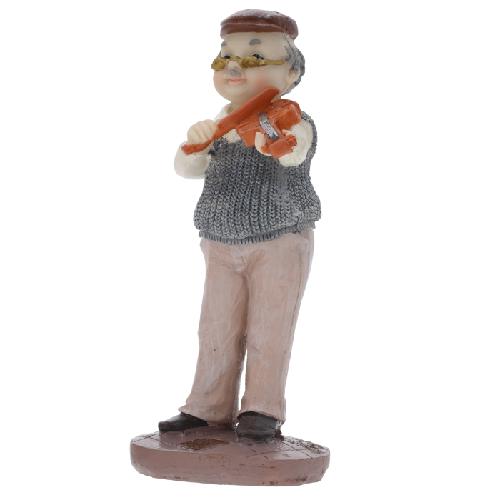 Figurka dziadek ze skrzypcami o wysokości 17 cm. Postać w kamizelce grająca na instrumencie, na jasnym tle.