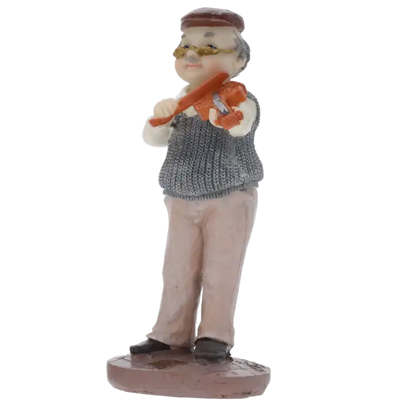 Figurka dziadek ze skrzypcami o wysokości 17 cm. Postać w kamizelce grająca na instrumencie, na jasnym tle.