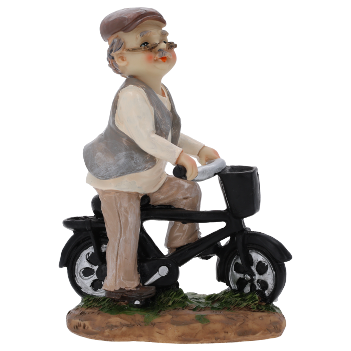 Figurka dziadek na rowerze 17 cm wykonana z tworzywa. Ozdoba prezentuje postać starszego pana na czarnym rowerze z koszykiem.