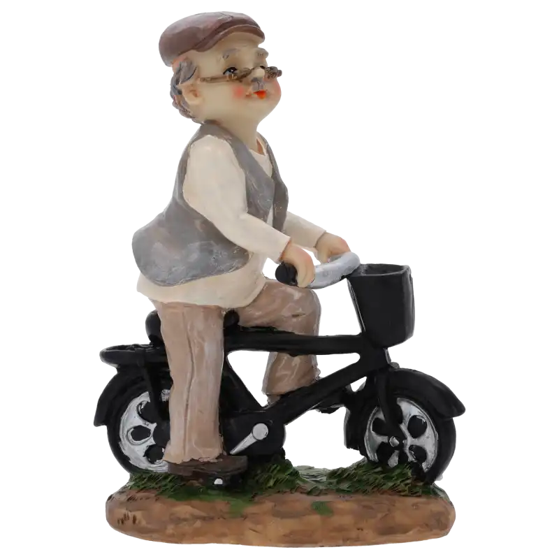 Figurka dziadek na rowerze 17 cm wykonana z tworzywa. Ozdoba prezentuje postać starszego pana na czarnym rowerze z koszykiem.