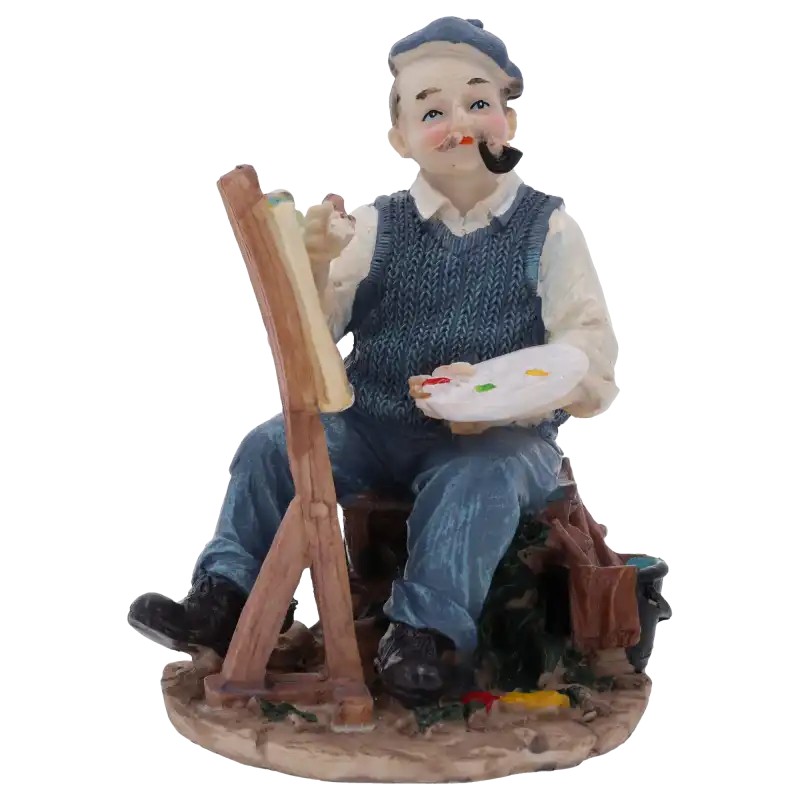 Figurka dziadek artysta 17 cm wykonana z tworzywa. Przedstawia starszego pana w niebieskim berecie przy sztaludze, z pędzlem i paletą w dłoniach, na wprost.