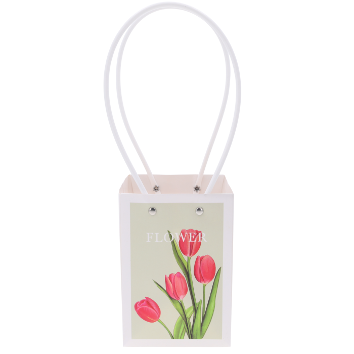 Pionowa papierowa torebka kwiatowa 31x16x11 cm z dekoracyjnym nadrukiem tulipanów i białymi rączkami na bukiety dla niej.