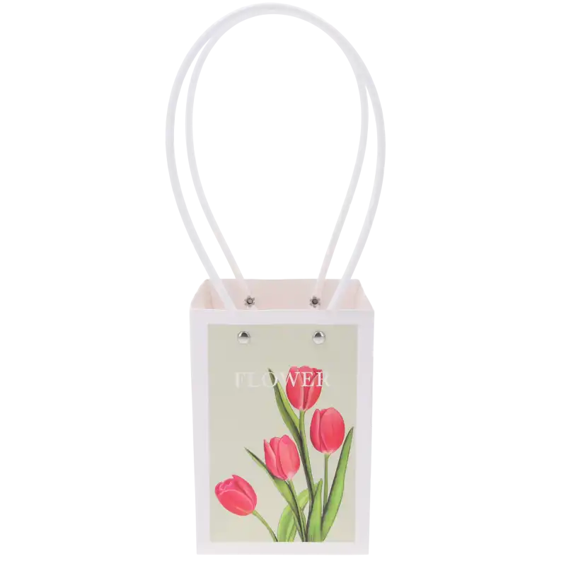 Pionowa papierowa torebka kwiatowa 31x16x11 cm z dekoracyjnym nadrukiem tulipanów i białymi rączkami na bukiety dla niej.