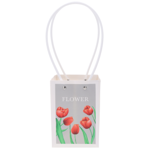 Pionowe ujęcie papierowej torebki kwiatowej o wymiarach 31x16x11 cm z nadrukiem tulipanów, wyposażonej w wygodne rączki.