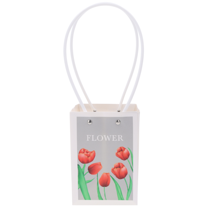 Pionowe ujęcie papierowej torebki kwiatowej o wymiarach 31x16x11 cm z nadrukiem tulipanów, wyposażonej w wygodne rączki.