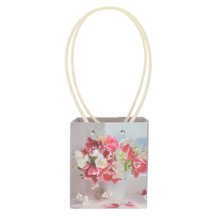 Pionowa papierowa torebka kwiatowa 31x13x11 cm z nadrukiem bukietu tulipanów. Posiada wygodne rączki do przenoszenia roślin.
