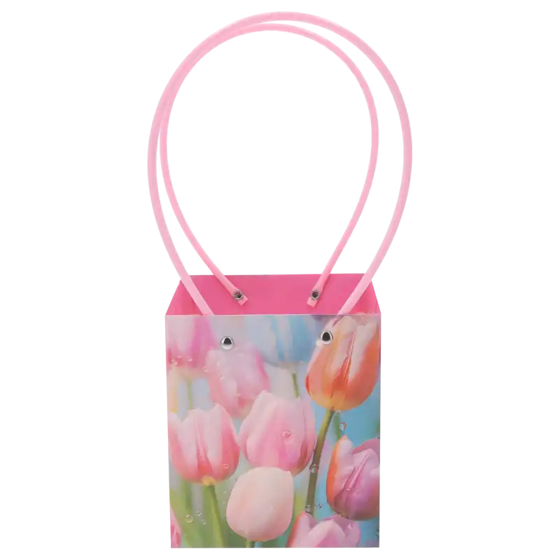 Pionowa torebka kwiatowa 34x15x13 cm z nadrukiem kolorowych tulipanów, wyposażona w różowe rączki ułatwiające przenoszenie kompozycji florystycznych.