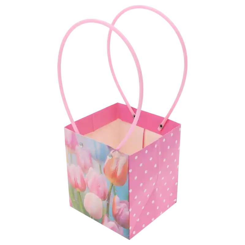 Widok z góry na wnętrze torebki kwiatowej o wymiarach 34x15x13 cm, ukazujący konstrukcję dna oraz kontrastujące różowe rączki i boczne ścianki w kropki.