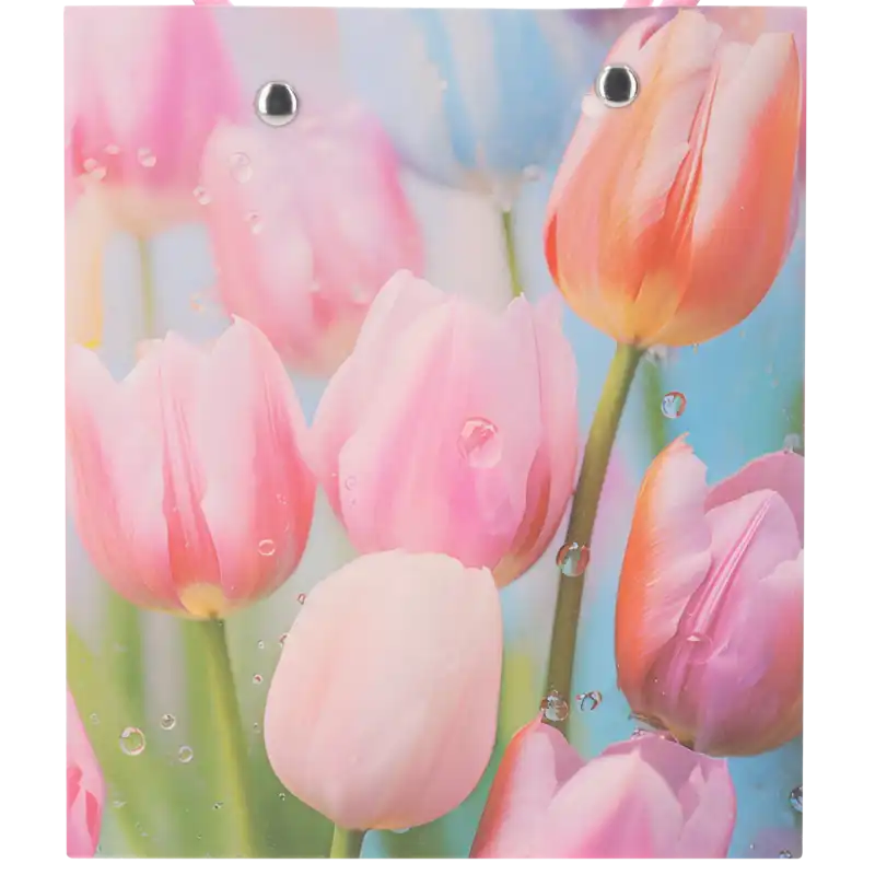Zbliżenie na szczegółowy nadruk tulipanów z kroplami rosy na powierzchni papierowej torebki, podkreślające wysoką jakość grafiki dekoracyjnej.