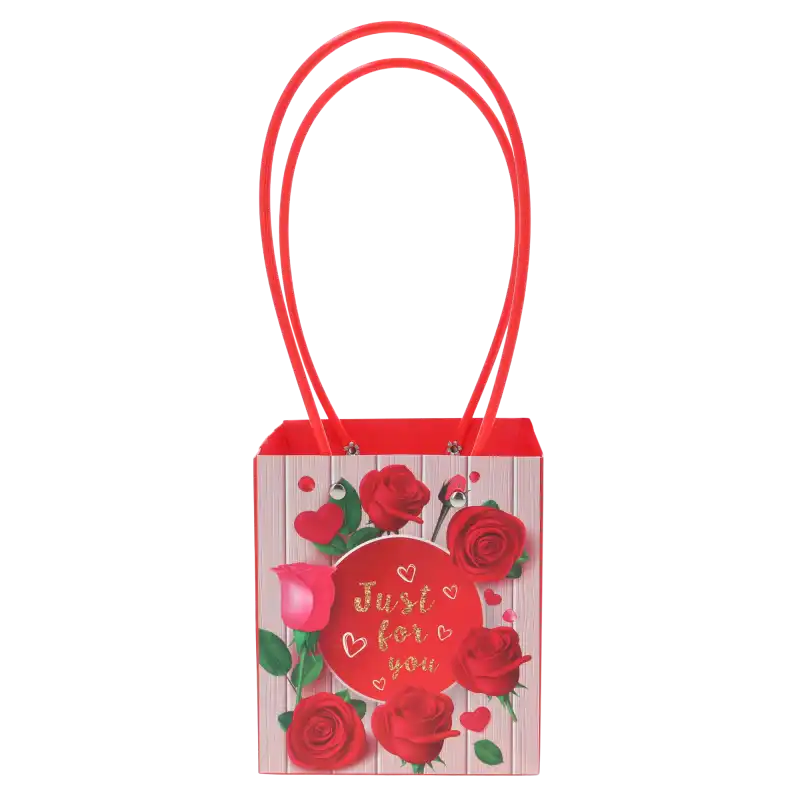 Pionowe ujęcie torebki kwiatowej Just For You 34x16x11 cm z nadrukiem róż i czerwonymi uchwytami, przeznaczonej na bukiety i rośliny.