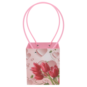 Pusta torebka kwiatowa 34x15x13 cm z nadrukiem tulipanów i serc oraz różowymi uchwytami, widoczna od frontu na białym tle.