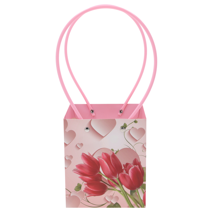 Pusta torebka kwiatowa 34x15x13 cm z nadrukiem tulipanów i serc oraz różowymi uchwytami, widoczna od frontu na białym tle.