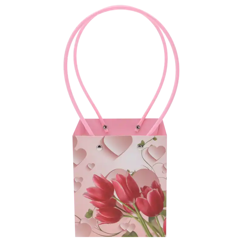 Pusta torebka kwiatowa 34x15x13 cm z nadrukiem tulipanów i serc oraz różowymi uchwytami, widoczna od frontu na białym tle.