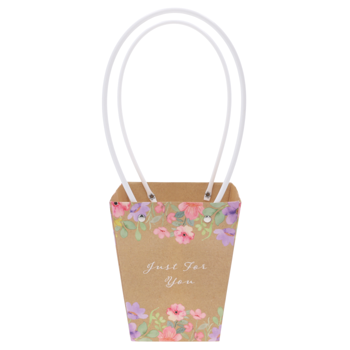 Papierowa torebka kwiatowa Just For You 34x15x12 cm z dekoracyjnym nadrukiem kwiatów i wygodnymi rączkami do bukietów.