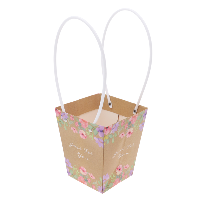 Prostokątna torebka na kwiaty z papieru o wymiarach 34x15x12 cm, prezentowana pod kątem, ukazująca głębokość konstrukcji.