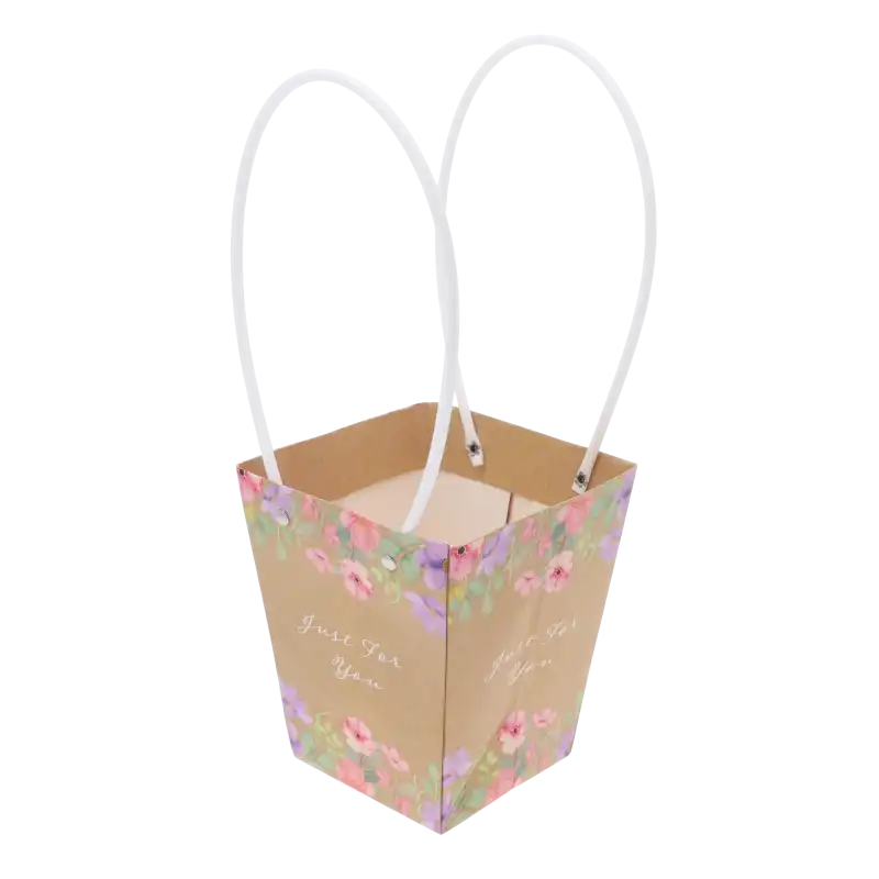 Prostokątna torebka na kwiaty z papieru o wymiarach 34x15x12 cm, prezentowana pod kątem, ukazująca głębokość konstrukcji.