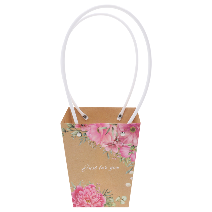 Papierowa torebka kwiatowa Just For You o wymiarach 34x15x12 cm z wygodnymi rączkami. Estetyczne opakowanie na bukiety i rośliny doniczkowe z kwiatowym nadrukiem.