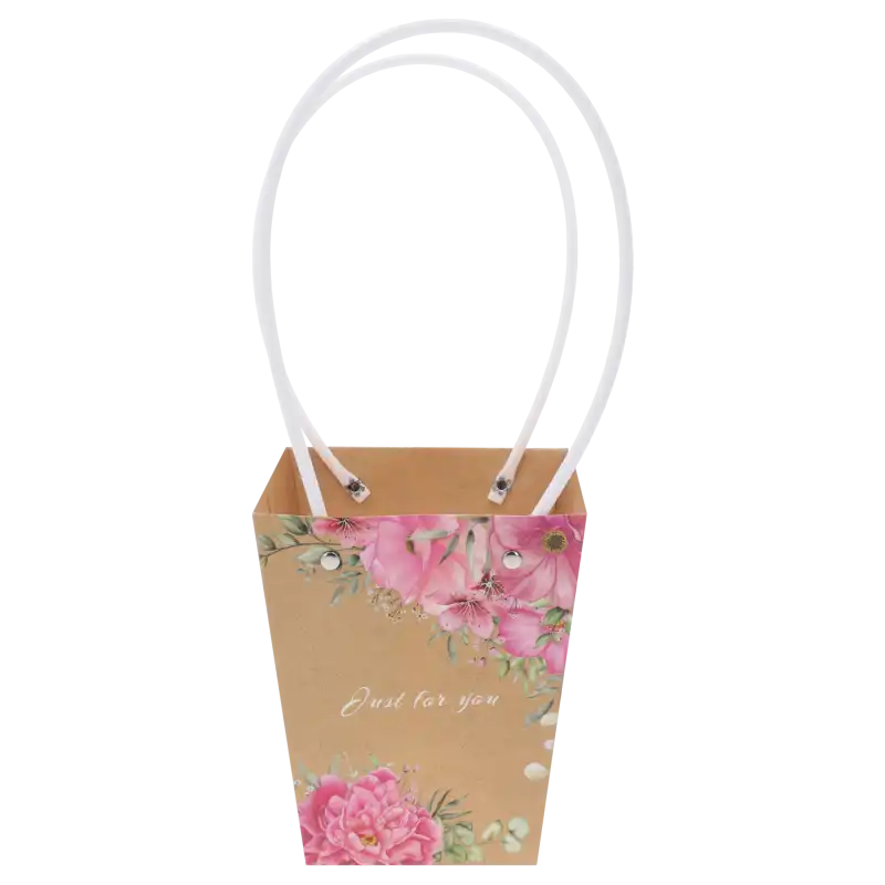 Papierowa torebka kwiatowa Just For You o wymiarach 34x15x12 cm z wygodnymi rączkami. Estetyczne opakowanie na bukiety i rośliny doniczkowe z kwiatowym nadrukiem.