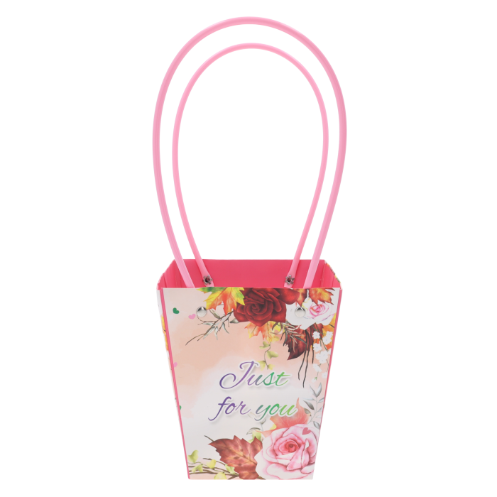 Papierowa torebka kwiatowa Just For You 34x15x12 cm z ozdobnym nadrukiem róż, prezentowana w całości z rączkami.
