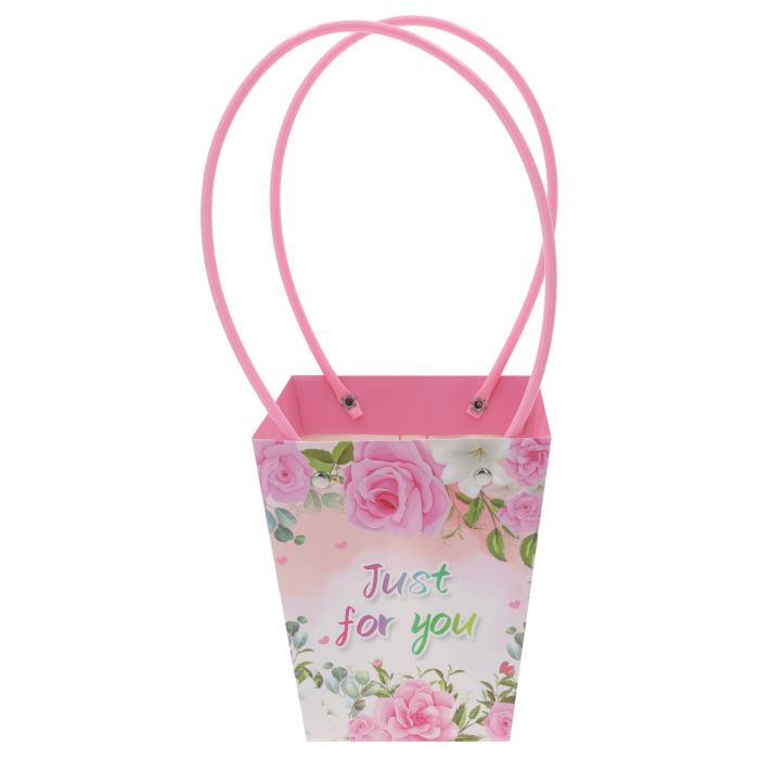 Papierowa torebka kwiatowa Just For You 34x15x12 cm z ozdobnym nadrukiem i wygodnymi uchwytami, prezentowana od frontu.