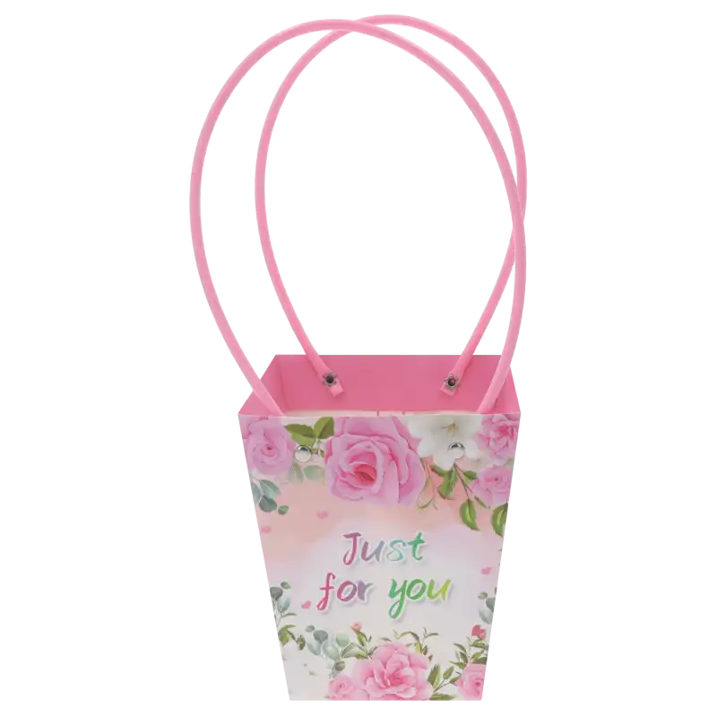 Papierowa torebka kwiatowa Just For You 34x15x12 cm z ozdobnym nadrukiem i wygodnymi uchwytami, prezentowana od frontu.
