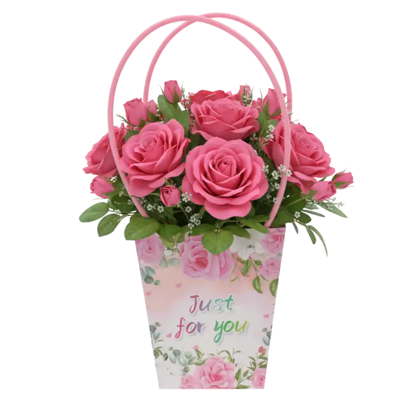 Papierowa torebka na kwiaty Just For You z bukietem różowych kwiatów, ukazująca zastosowanie w kompozycji florystycznej.