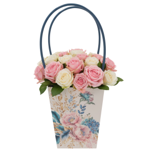 Torebka kwiatowa 34 cm wypełniona bukietem różowych i białych kwiatów. Elegancka prezentacja gotowego prezentu florystycznego.