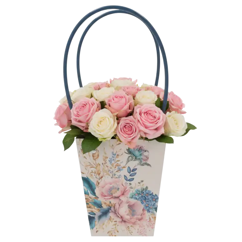 Torebka kwiatowa 34 cm wypełniona bukietem różowych i białych kwiatów. Elegancka prezentacja gotowego prezentu florystycznego.