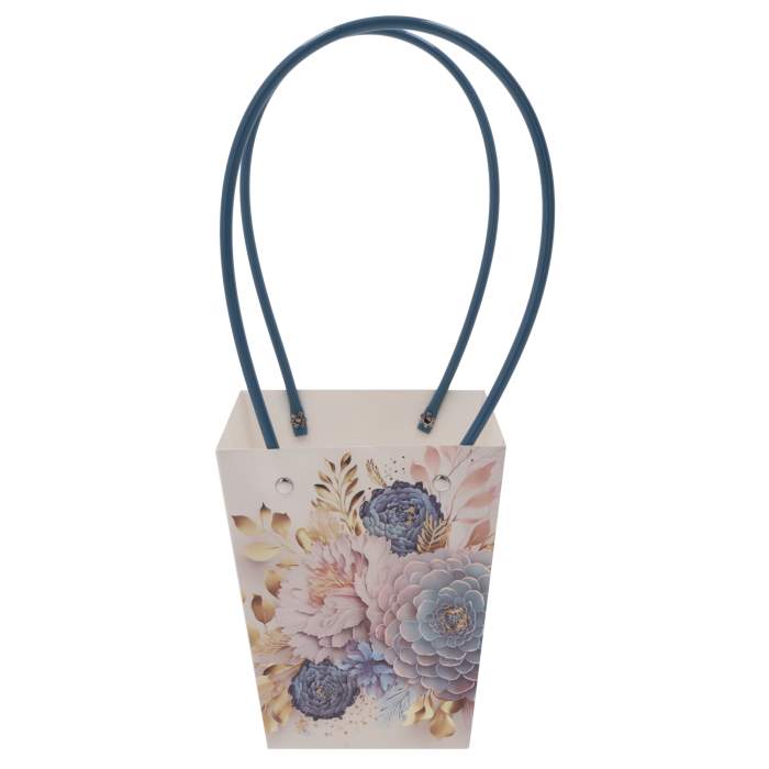 Pusta papierowa torebka kwiatowa 34x15x12 cm z nadrukiem niebieskich kwiatów. Model wyposażony w stabilną konstrukcję i wygodne uchwyty, idealny do prezentacji bukietów.