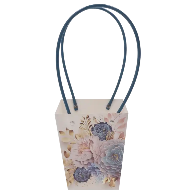 Pusta papierowa torebka kwiatowa 34x15x12 cm z nadrukiem niebieskich kwiatów. Model wyposażony w stabilną konstrukcję i wygodne uchwyty, idealny do prezentacji bukietów.