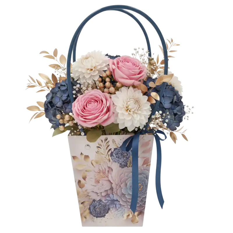 Torebka kwiatowa 34x15x12 cm wypełniona bukietem róż i hortensji. Eleganckie opakowanie prezentowe z granatową wstążką, podkreślające urok kompozycji.