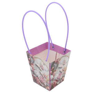 Widok na wnętrze papierowej torebki na kwiaty o wymiarach 34x15x12 cm z widocznymi uchwytami do przenoszenia bukietów.