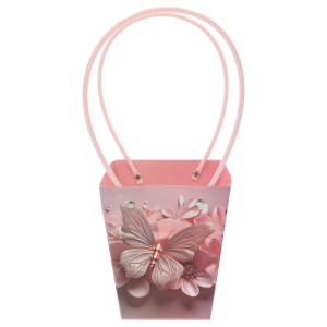 Papierowa torebka kwiatowa z motylem o wymiarach 34x15x12 cm, prezentowana na białym tle z widocznymi uchwytami do przenoszenia.