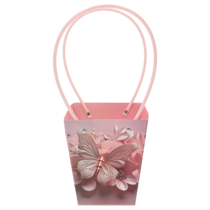 Papierowa torebka kwiatowa z motylem o wymiarach 34x15x12 cm, prezentowana na białym tle z widocznymi uchwytami do przenoszenia.