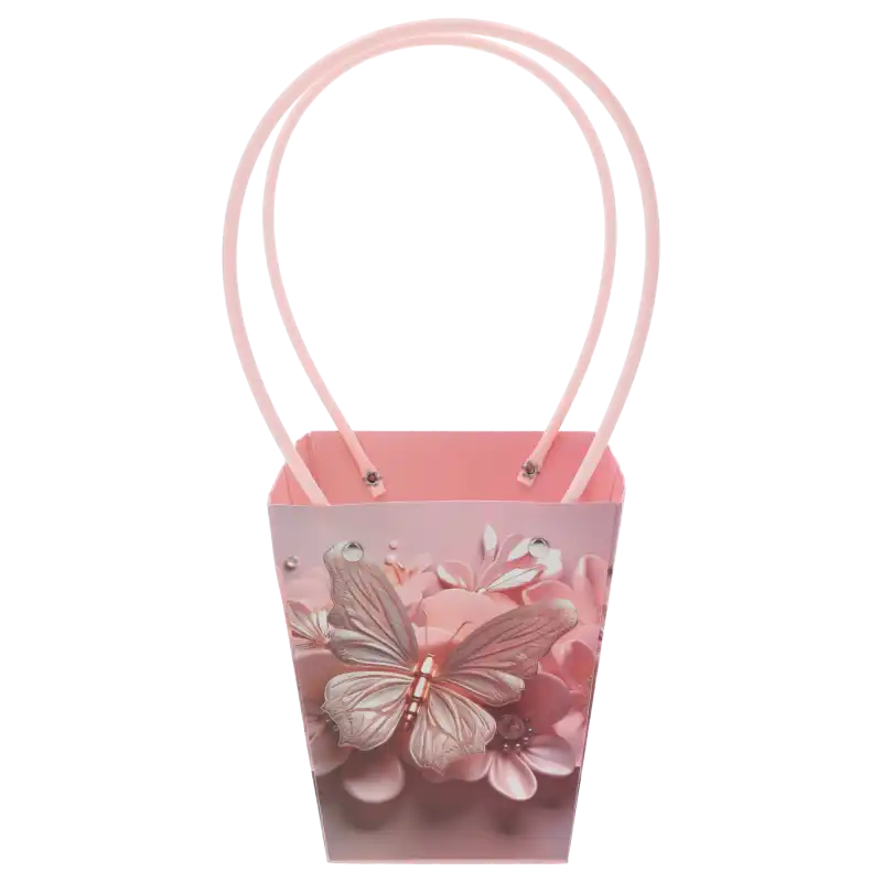 Papierowa torebka kwiatowa z motylem o wymiarach 34x15x12 cm, prezentowana na białym tle z widocznymi uchwytami do przenoszenia.
