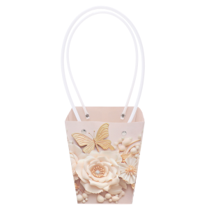 Kremowa torebka kwiatowa 32 cm o eleganckim designie z motywem kwiatów i motyla, wyposażona w wygodne uchwyty do przenoszenia.