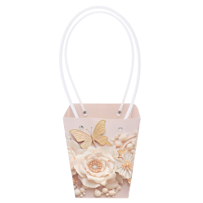 Kremowa torebka kwiatowa 32 cm o eleganckim designie z motywem kwiatów i motyla, wyposażona w wygodne uchwyty do przenoszenia.