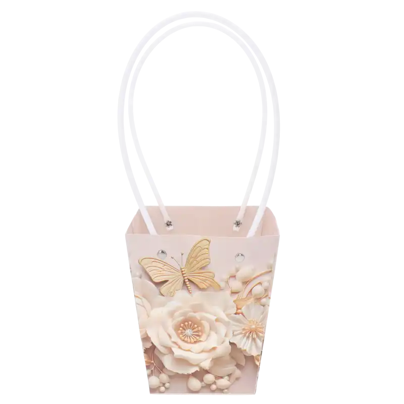 Kremowa torebka kwiatowa 32 cm o eleganckim designie z motywem kwiatów i motyla, wyposażona w wygodne uchwyty do przenoszenia.