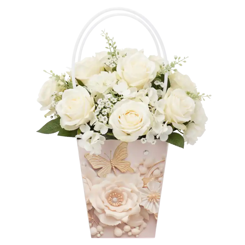Kremowa torebka kwiatowa 32 cm z wypełnieniem w postaci bukietu białych róż, prezentująca praktyczne zastosowanie w florystyce.