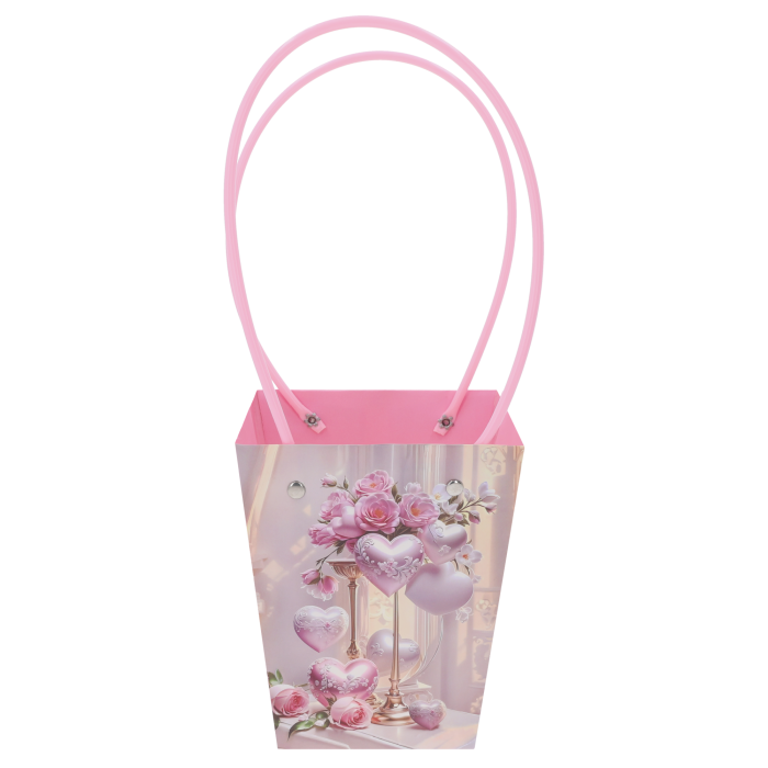 Papierowa torebka kwiatowa kwiaty i serca 34x15x12 cm z wygodnymi uchwytami do eksponowania bukietów żywych kwiatów i roślin doniczkowych.