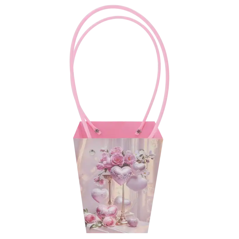 Papierowa torebka kwiatowa kwiaty i serca 34x15x12 cm z wygodnymi uchwytami do eksponowania bukietów żywych kwiatów i roślin doniczkowych.