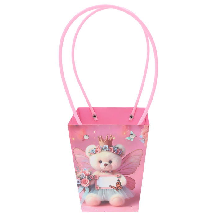 Papierowa torebka kwiatowa z misiem 34x15x12 cm to estetyczne opakowanie na bukiety i rośliny z wygodnymi rączkami do przenoszenia.