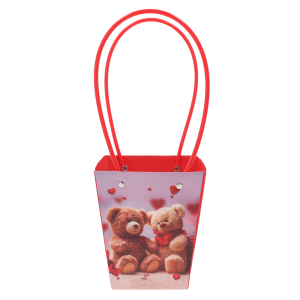 Torebka kwiatowa z misiami 34x15x12 cm z wygodnymi rączkami. Papierowa torebka na kwiaty z nadrukiem dwóch misiów otoczonych sercami.