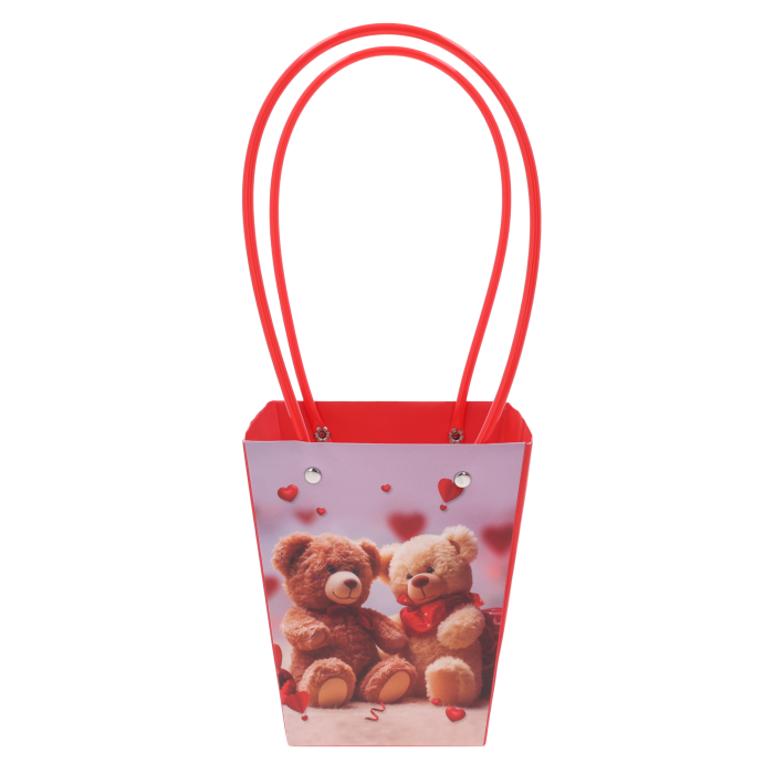 Torebka kwiatowa z misiami 34x15x12 cm z wygodnymi rączkami. Papierowa torebka na kwiaty z nadrukiem dwóch misiów otoczonych sercami.