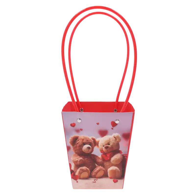 Torebka kwiatowa z misiami 34x15x12 cm z wygodnymi rączkami. Papierowa torebka na kwiaty z nadrukiem dwóch misiów otoczonych sercami.