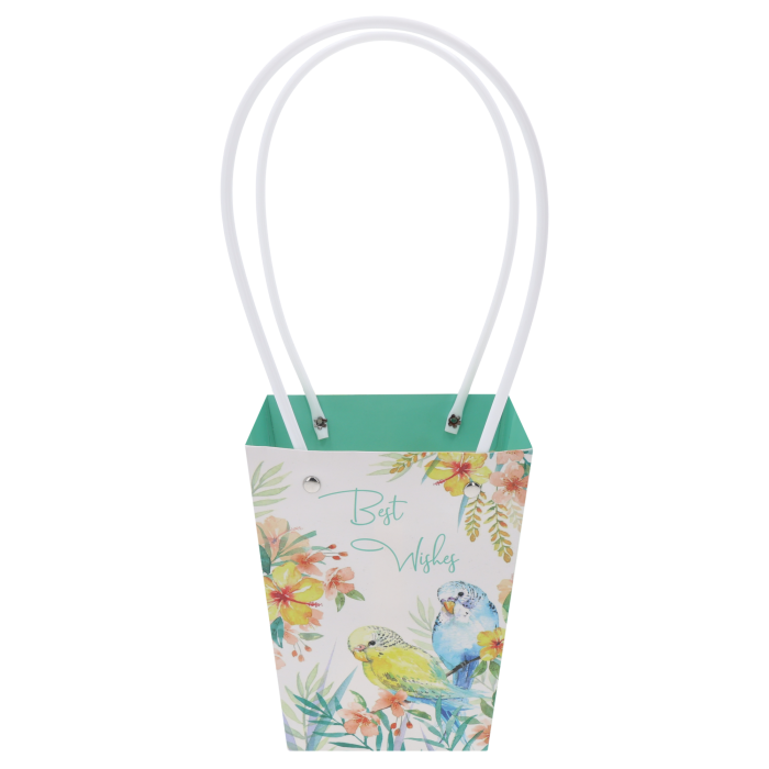 Pusta papierowa torebka kwiatowa Best Wishes o wymiarach 34x15x12 cm z białymi uchwytami i kolorowym nadrukiem papug, widoczna na wprost na białym tle.