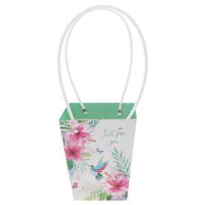Papierowa torebka kwiatowa Just For You o wymiarach 34x15x12 cm z roślinnym nadrukiem, kolibrem i białymi uchwytami.