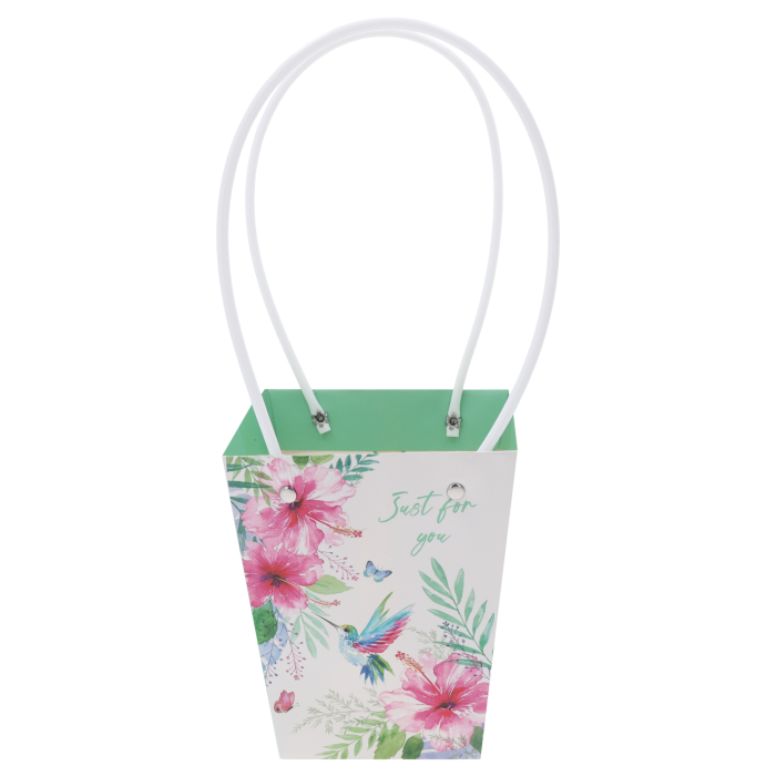 Papierowa torebka kwiatowa Just For You o wymiarach 34x15x12 cm z roślinnym nadrukiem, kolibrem i białymi uchwytami.