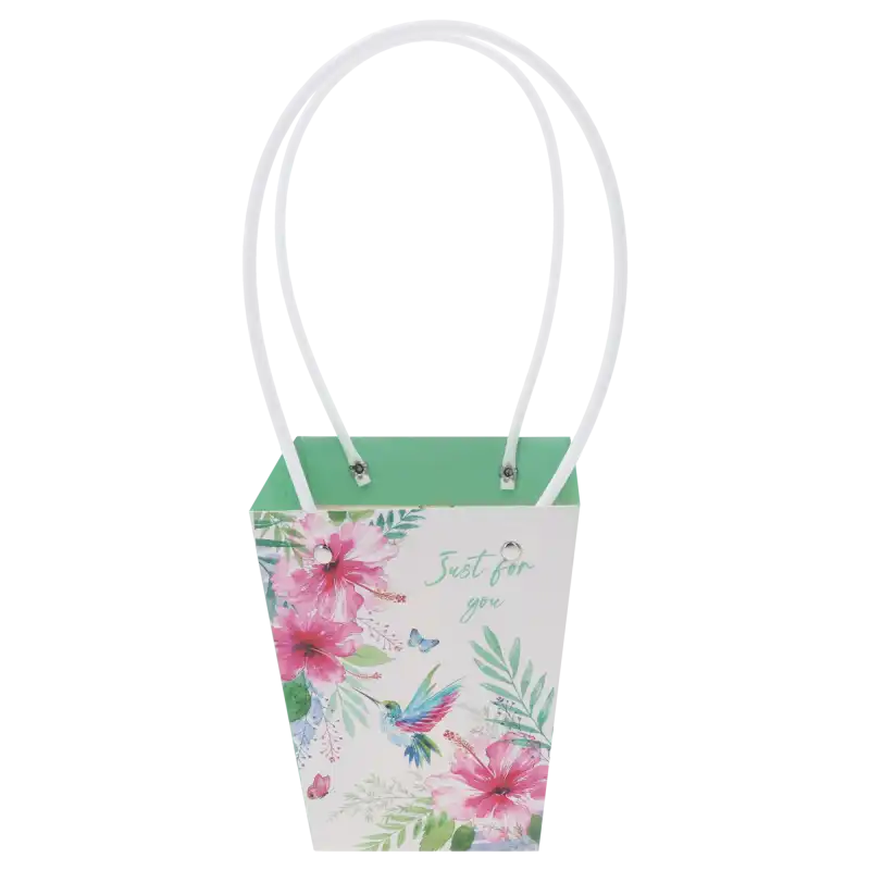 Papierowa torebka kwiatowa Just For You o wymiarach 34x15x12 cm z roślinnym nadrukiem, kolibrem i białymi uchwytami.